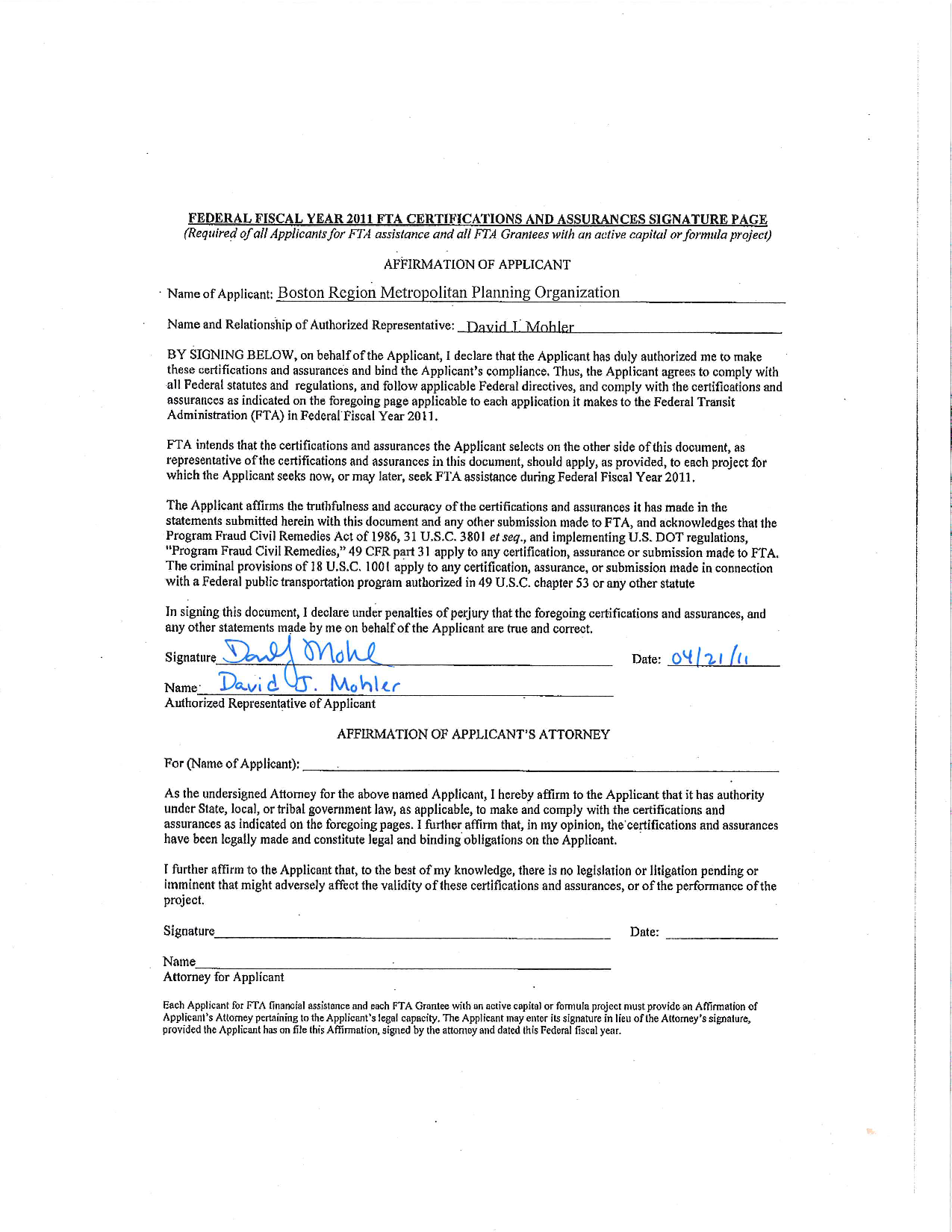 Federal Fiscal Year 2011 FTA Certifications and Assurances Signature Page